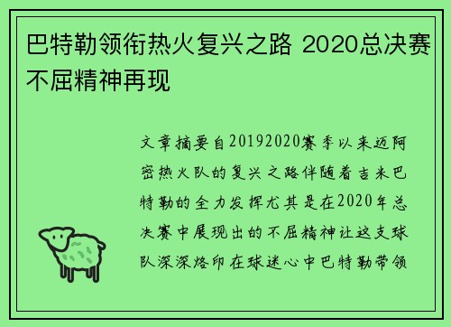 巴特勒领衔热火复兴之路 2020总决赛不屈精神再现